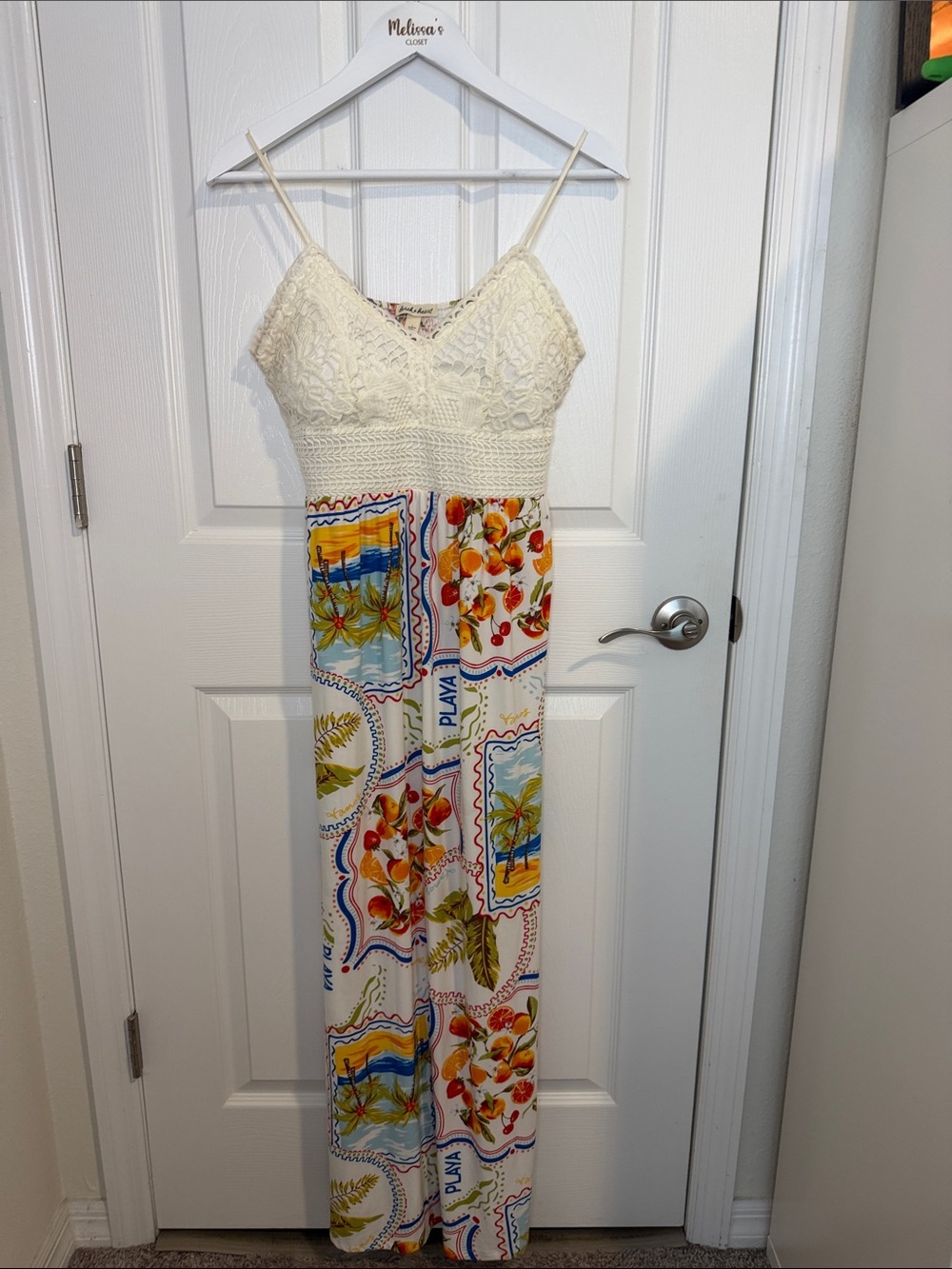 Derek Heart White Crochet Bust Floral Maxi Dress with tropical pattern.
